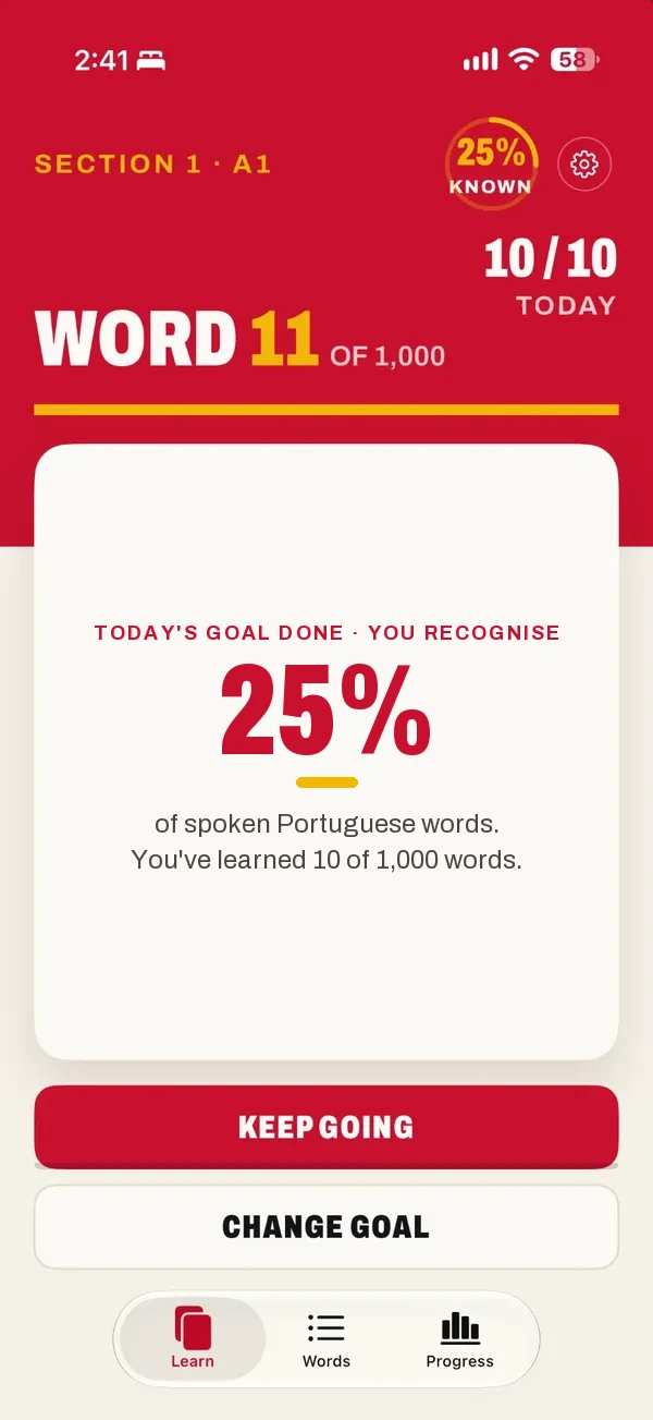 App screen: Word 11 of 1,000 with the ring badge at 25% known, 10 of 10 today, Goal done and a Keep going button